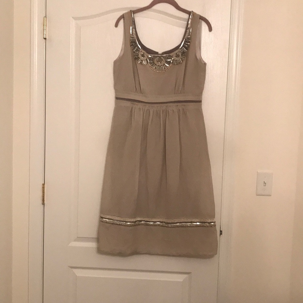 Tan formal dress with beaded detailing